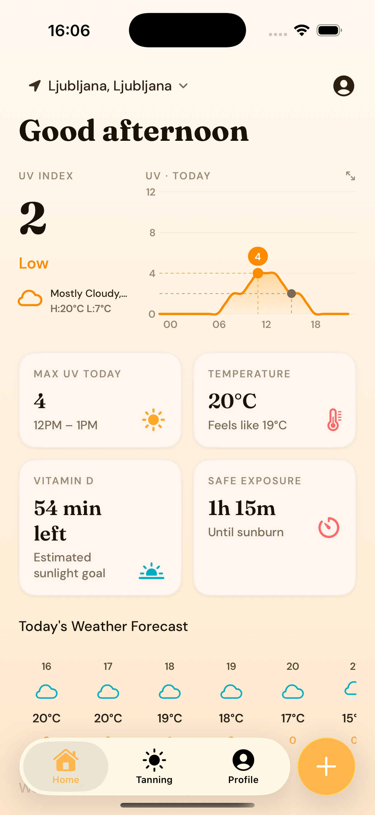 SunTan dashboard with UV index and weather